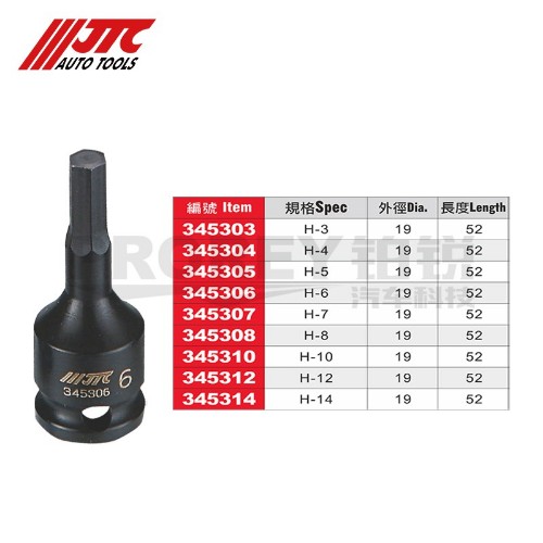 JTC345303 3/8英寸&nbsp;氣動六角凸套筒&nbsp;H3